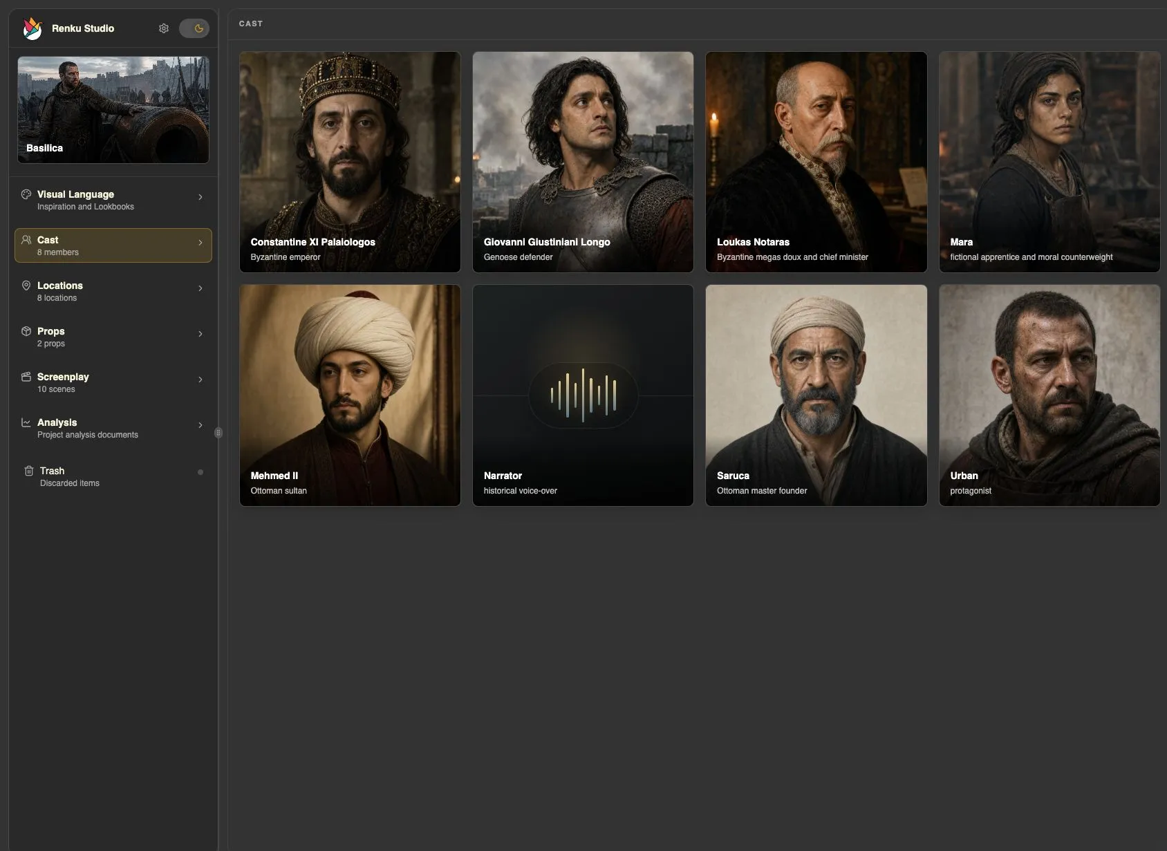 A cast gallery in Renku with generated portraits for each character in the screenplay.