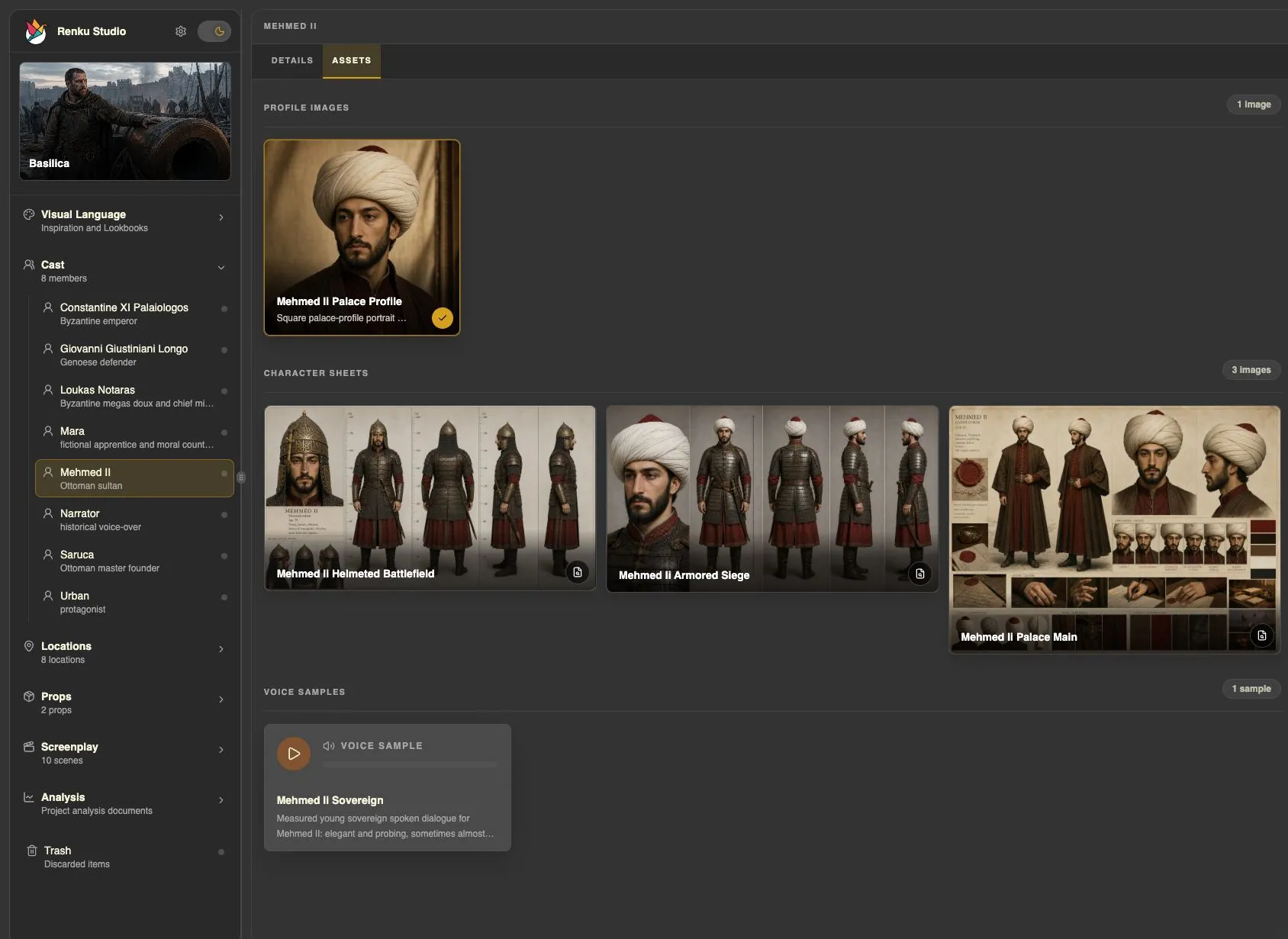 Mehmed II character assets showing armored, battlefield, and palace turnarounds and expression studies.