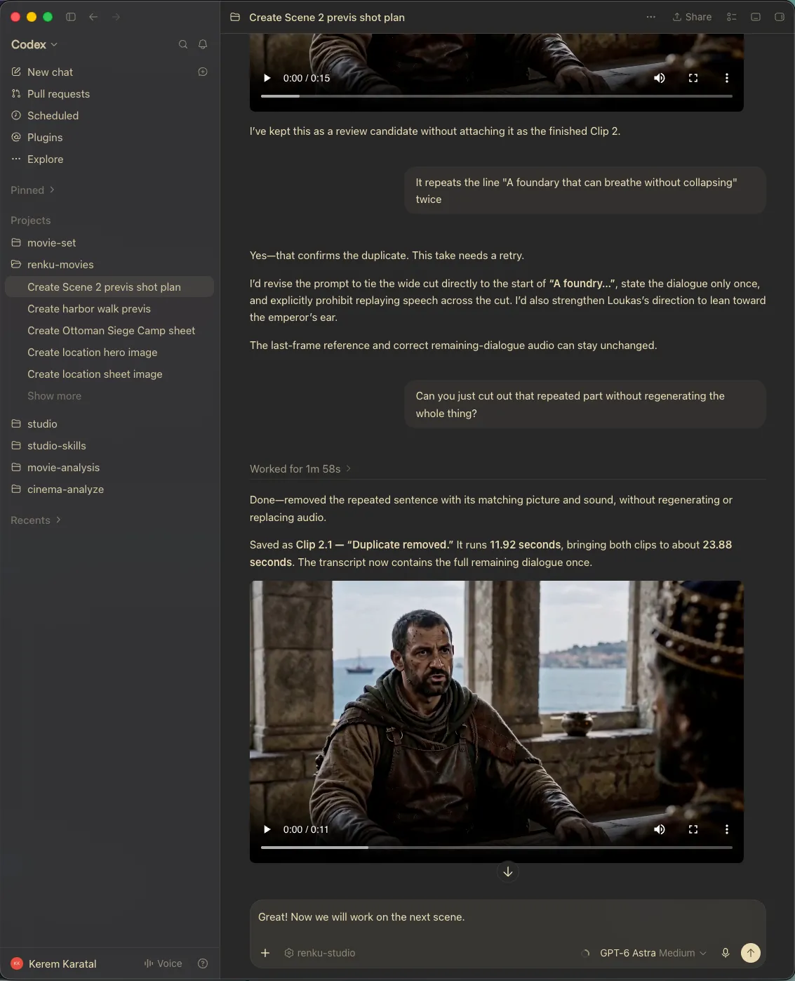 Actual Codex Desktop conversation: the filmmaker asks to cut a repeated line without regenerating the scene. The agent edits the picture and sound, saves the revised clip, and displays the result.