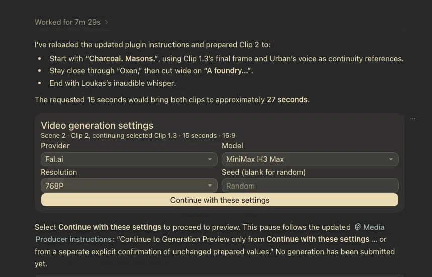 Codex conversation showing the video generation settings selector with Provider, Model, Resolution, Seed, and Continue with these settings.