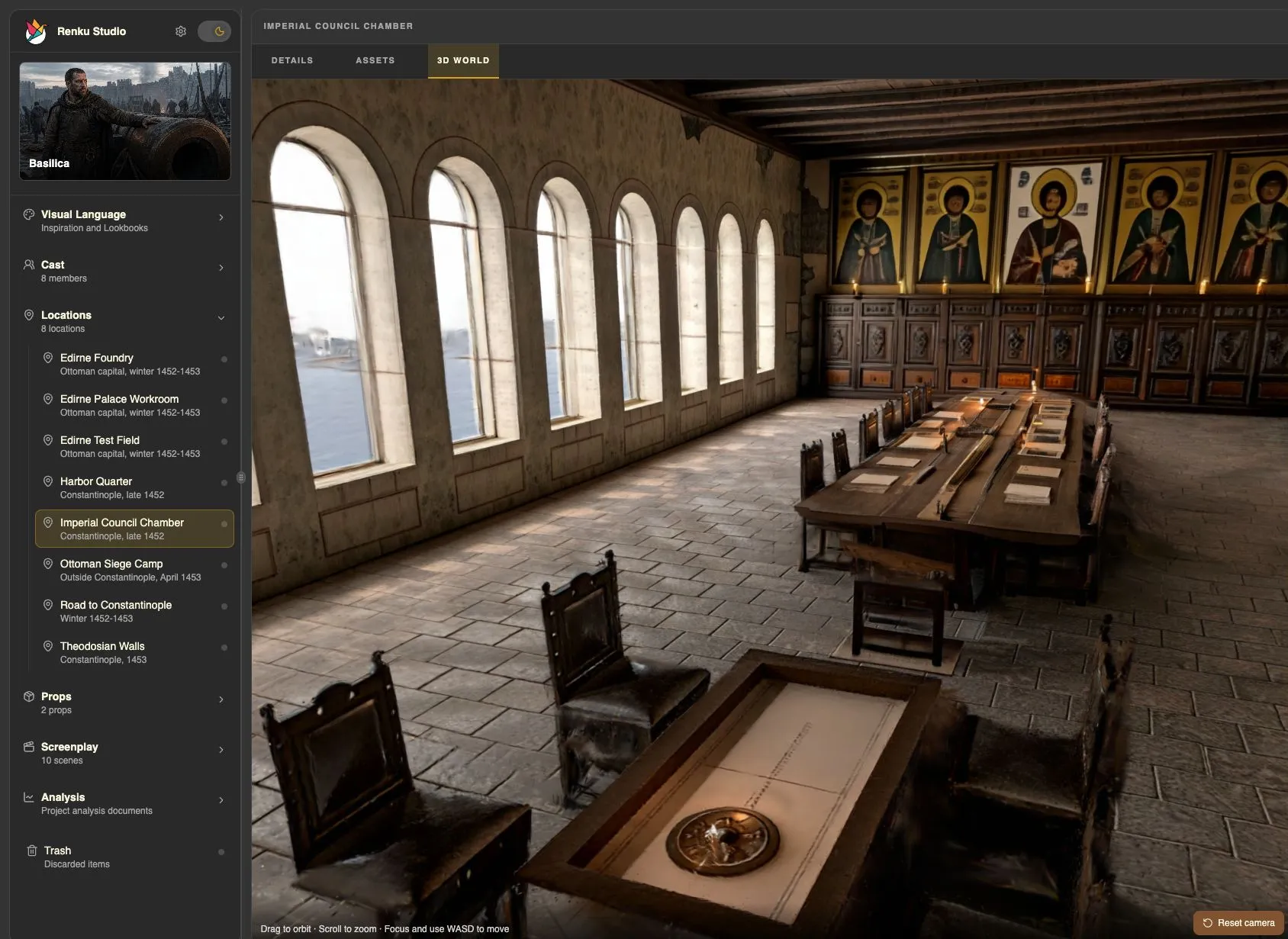The Imperial Council Chamber 3D World open in Renku, showing an explorable Byzantine council room.