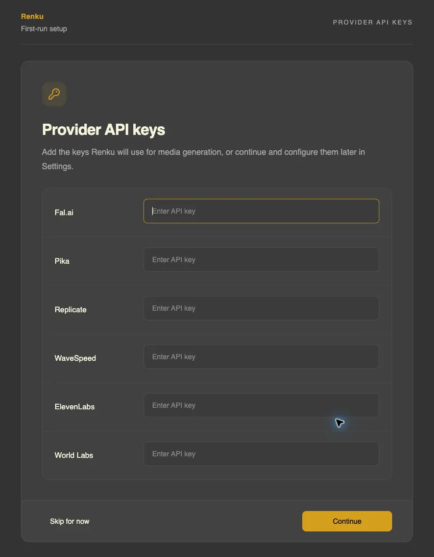 Renku’s first-run Provider API keys screen with separate fields for Fal.ai, Pika, Replicate, WaveSpeed, ElevenLabs, and World Labs.