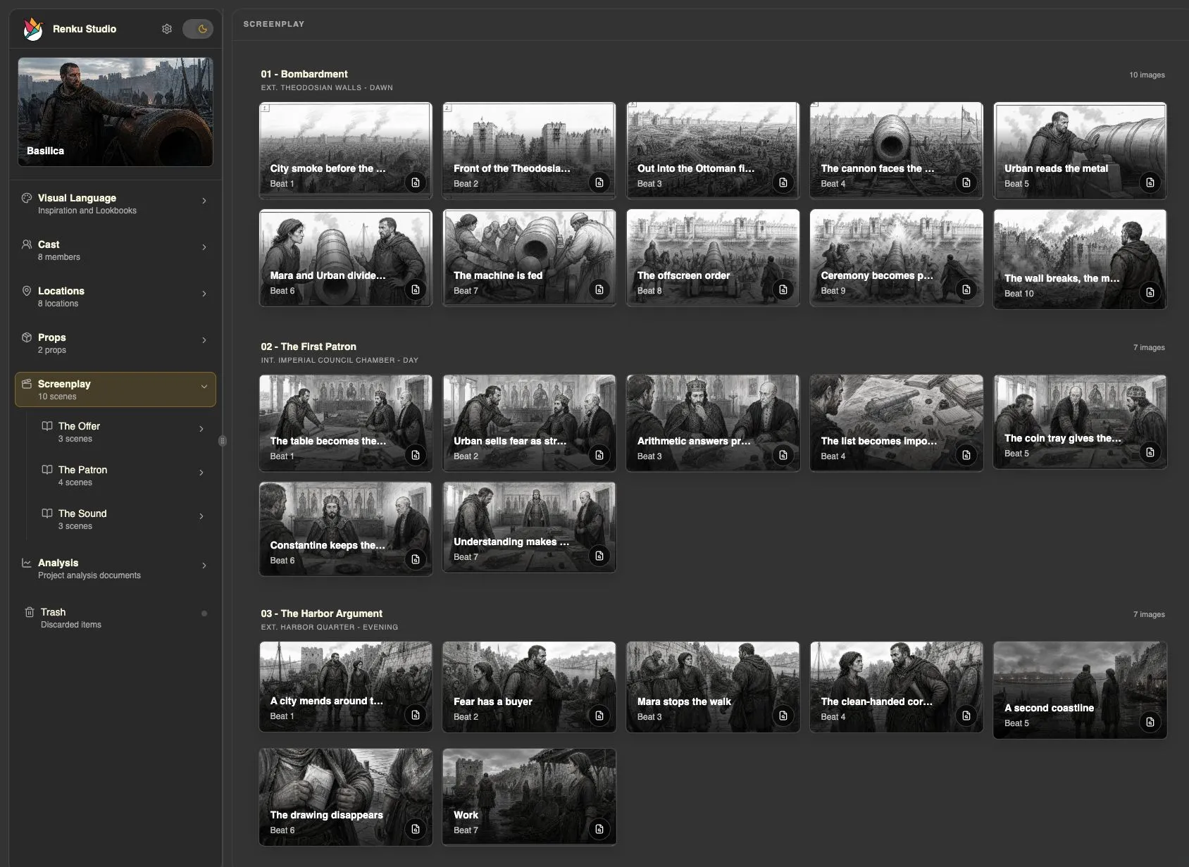 The Renku Screenplay view showing storyboard images for The First Patron and its surrounding scenes.