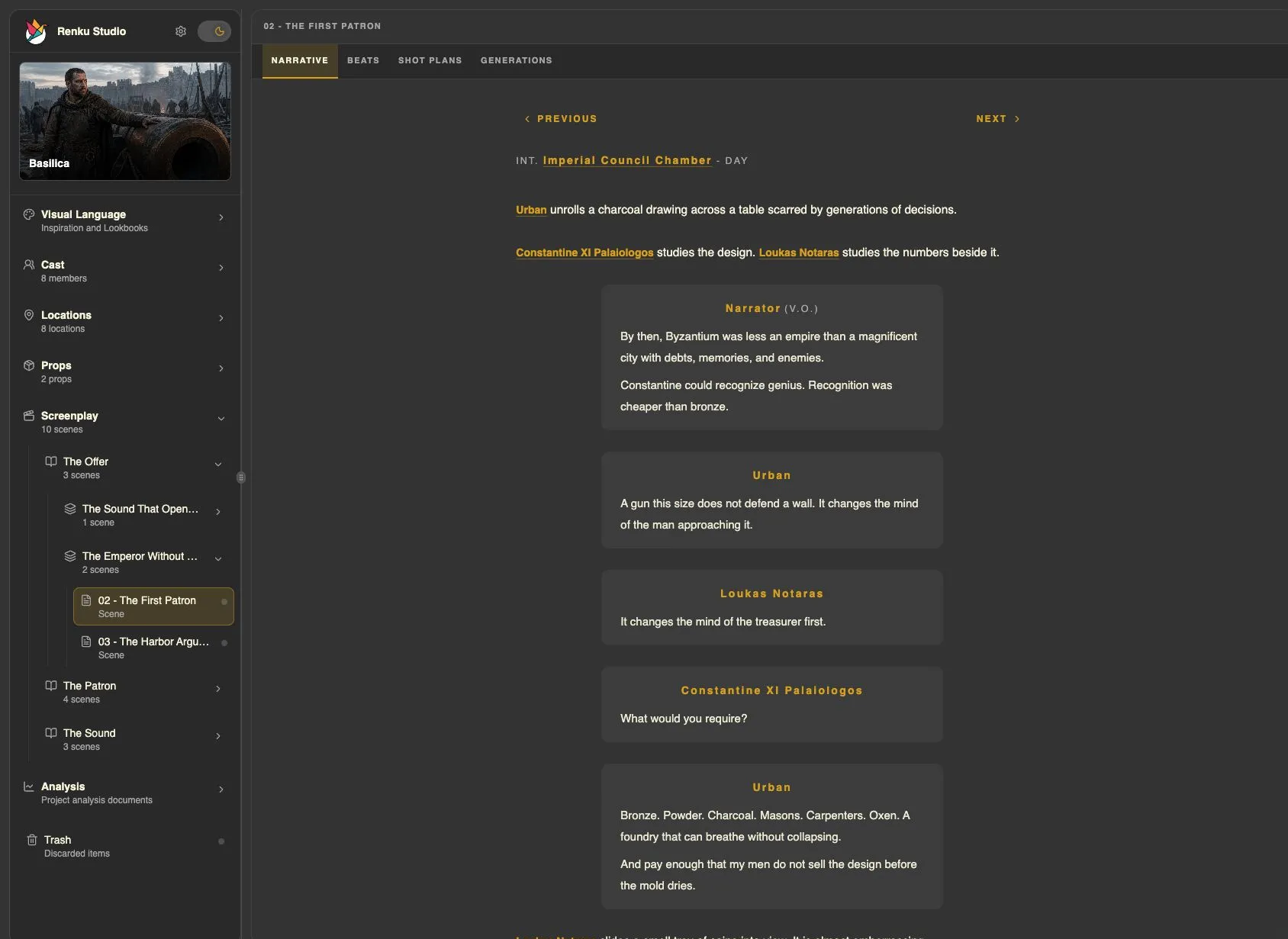 A screenplay page in Renku with character and location names highlighted and linked.