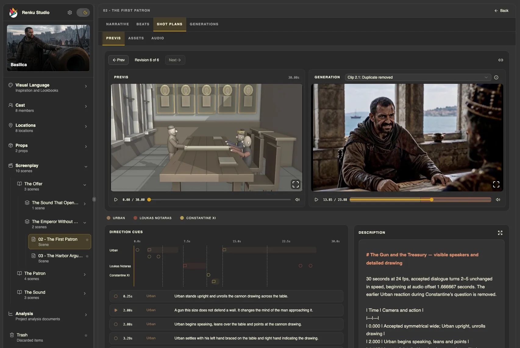 Actual Renku Studio shot plan showing the Blender previs beside the revised generation labelled Duplicate removed, with dialogue and action cues underneath.