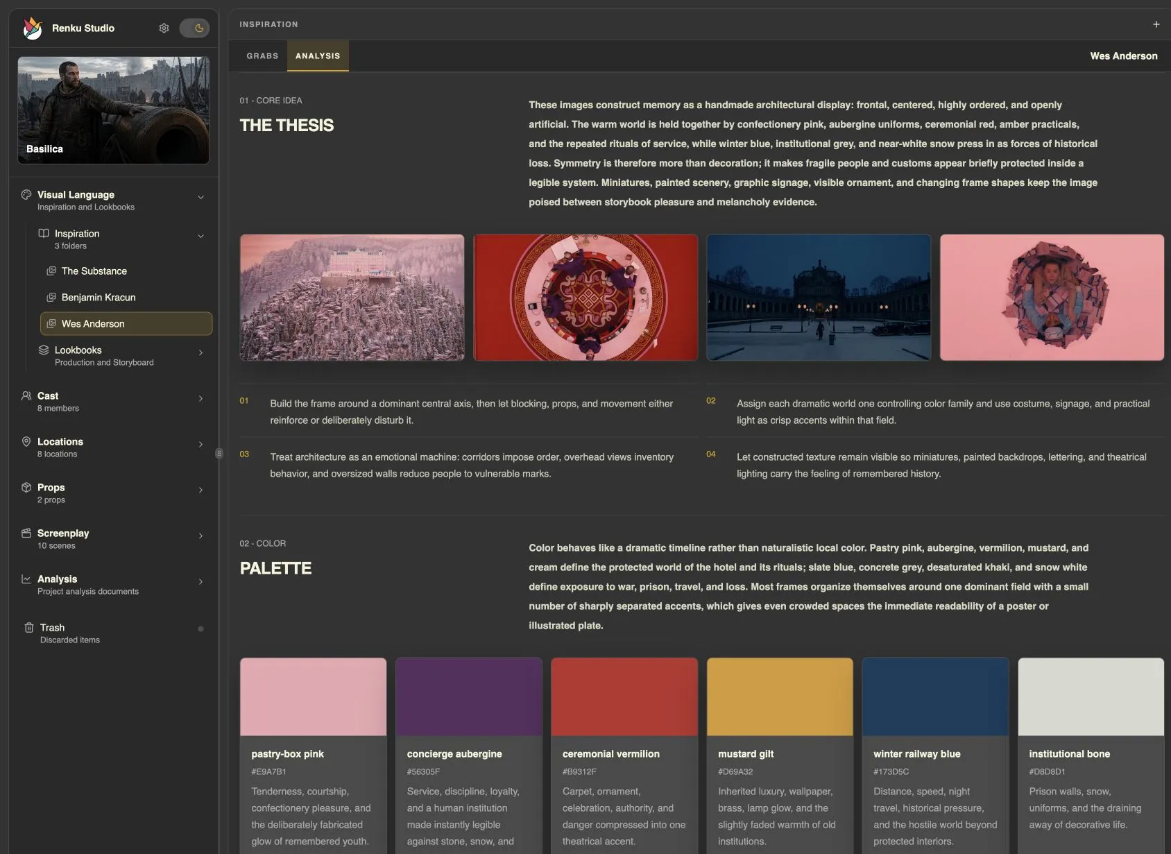 The Wes Anderson inspiration analysis showing its visual thesis, reference stills, and named color palette.