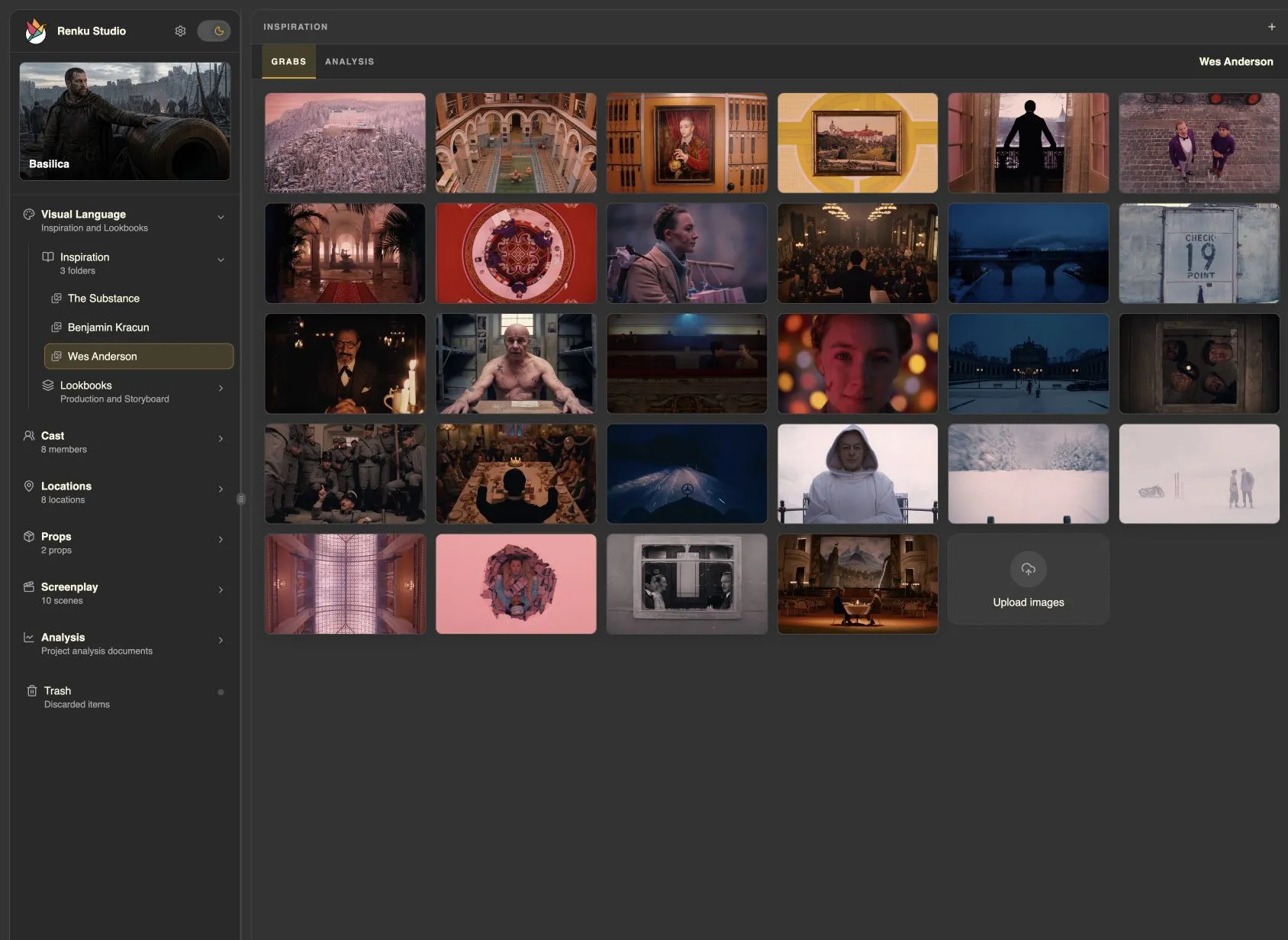 The Wes Anderson inspiration folder in Renku with film stills arranged in a grid.