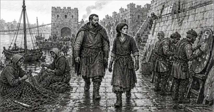 Storyboard for Beat 1: Urban and Mara walk along the quay past people mending nets and shields.