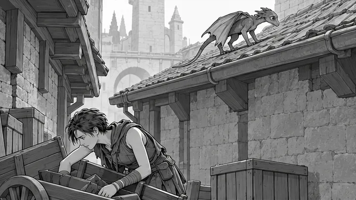 Storyboard: Sintel searches an empty cart in the alley while a small winged creature crouches on the roof above.