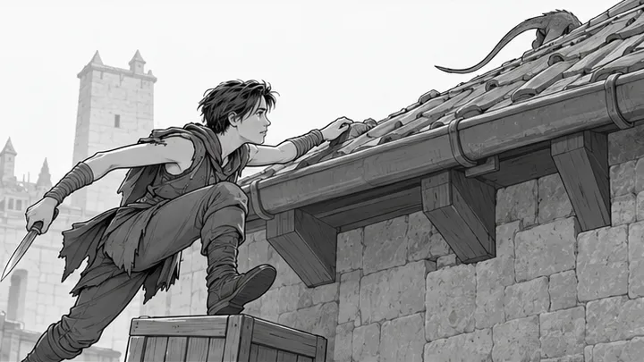 Storyboard: knife drawn, Sintel vaults from a crate toward the roof.