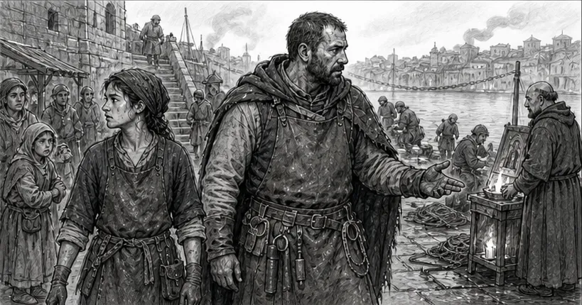 Storyboard for Beat 2: Mara watches the frightened harbor workers while Urban walks half a pace ahead.