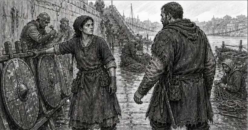 Storyboard for Beat 3: Mara stops beside a rack of patched shields as Urban walks on.