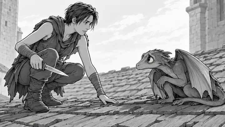 Storyboard: on the roof, Sintel crouches with her knife facing a frightened baby dragon.