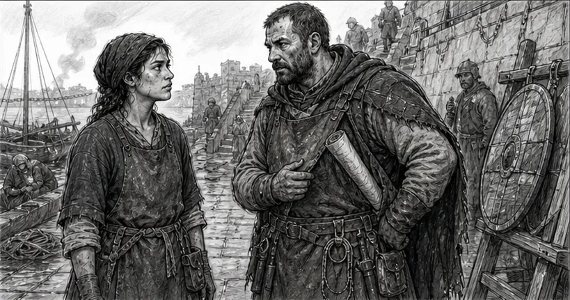Storyboard for Beat 4: Urban turns back toward Mara, the cannon drawing under his coat.