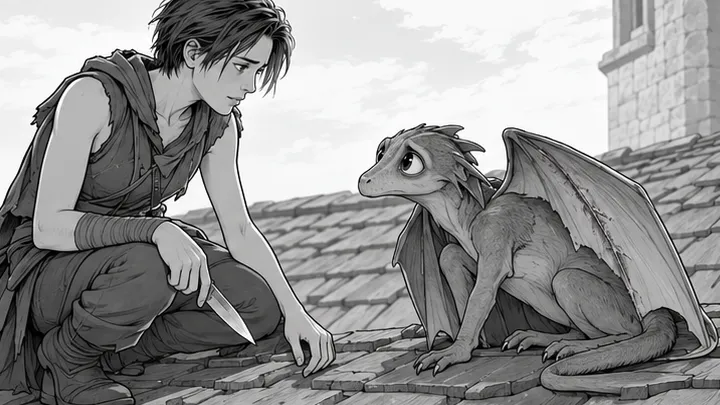 Storyboard: Sintel sees the baby dragon’s slashed wing and lowers her knife.