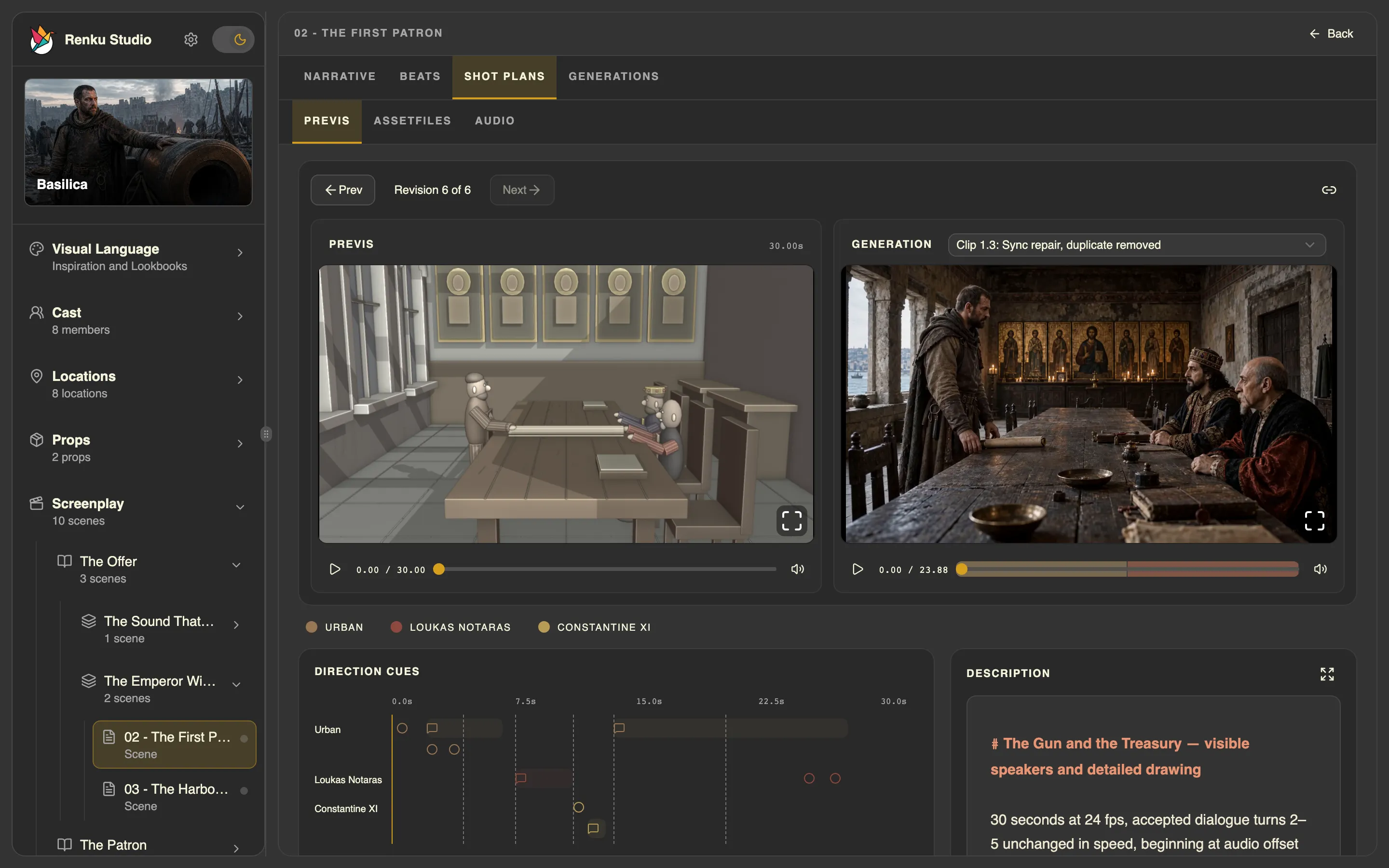 The First Patron Previs Shot Plan in Renku Studio, with the Blender render, a generated take, and the dialogue cues for Urban, Loukas Notaras and Constantine XI.