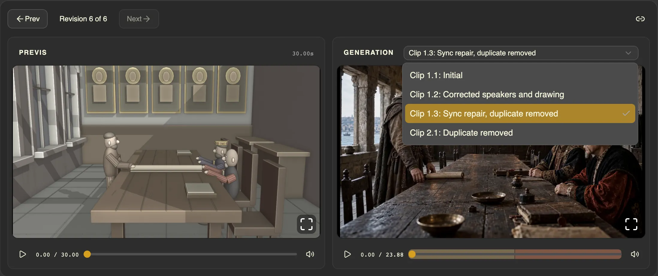 Renku Studio showing previs revision 6 beside the Generation player, with the clip menu open listing Clip 1.1, 1.2, 1.3 and 2.1, and a two-part progress bar for the 23.88-second playback.