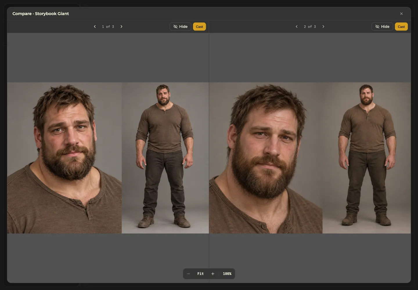 Two kept Storybook Giant casting candidates for Karl shown side by side in the shared Compare view.