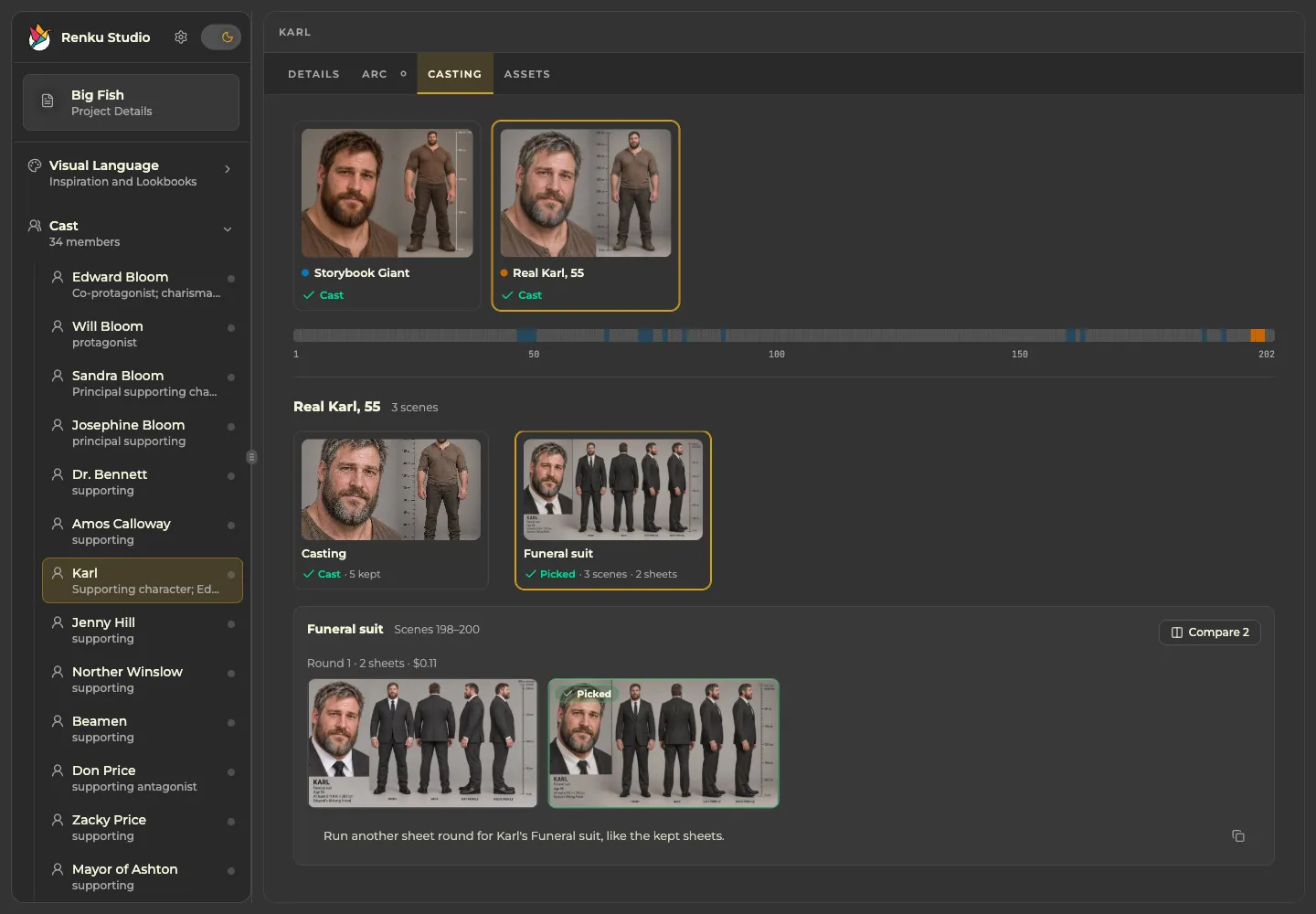 Karl’s Real Karl, 55 Look selected, with its three scenes and Funeral suit character sheet options.