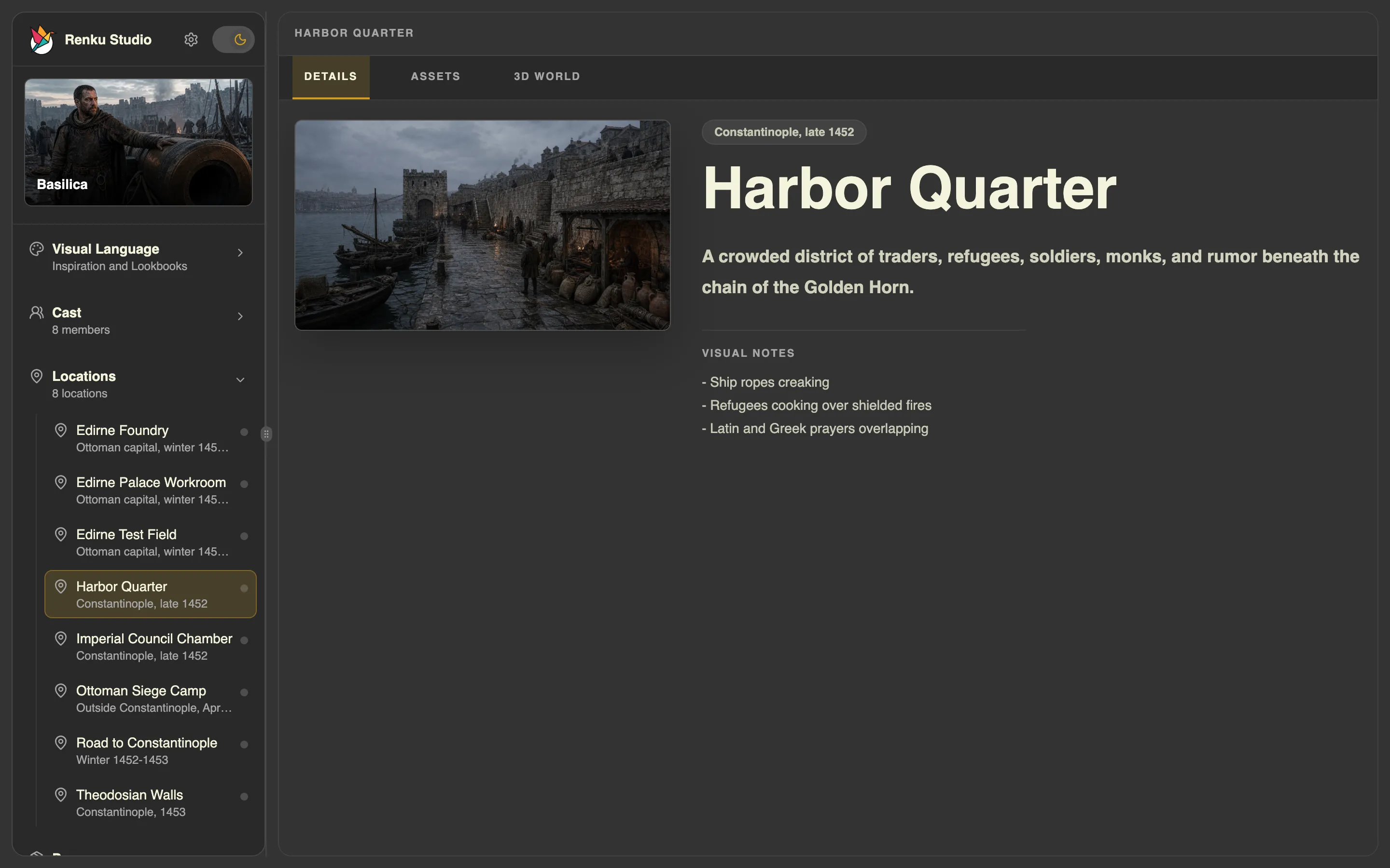 The Harbor Quarter Location in Renku Studio, with its hero image of a stone quay, moored boats and harbor walls at dusk.