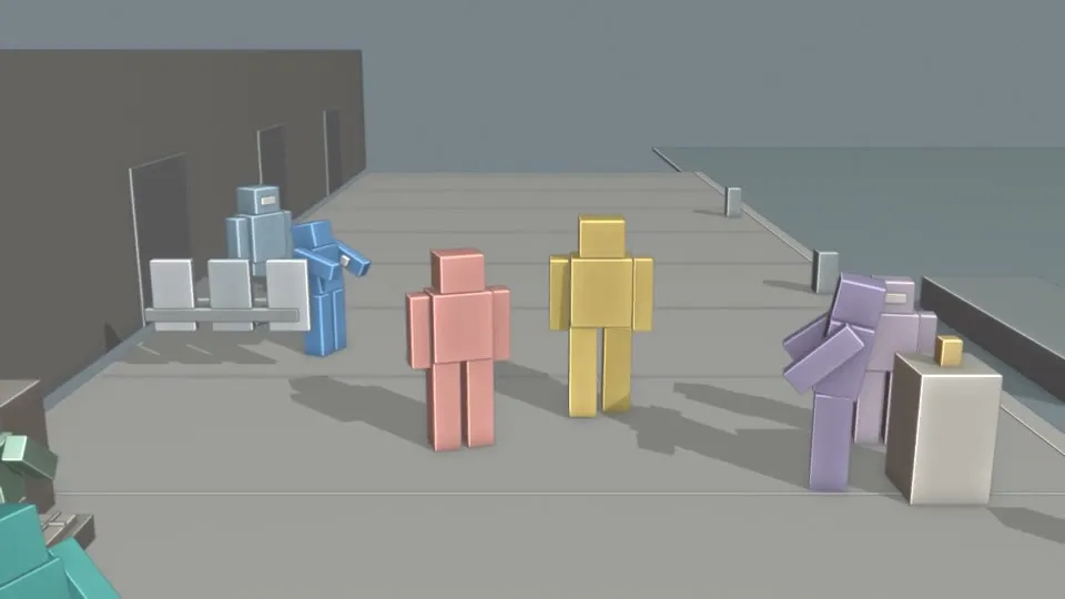 Revision 3 of the harbor previs at the same moment, with the camera lower and closer behind the pair.