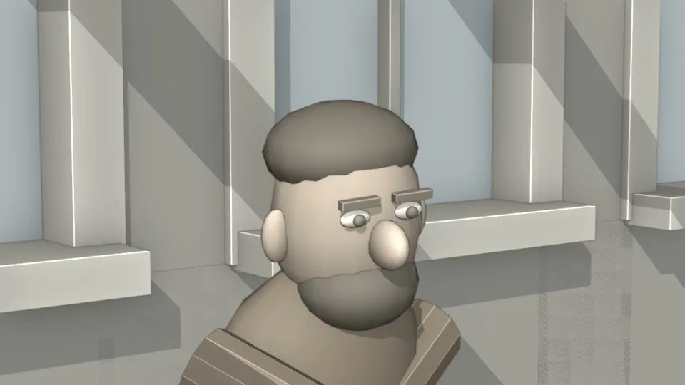 Revision 1 of The First Patron previs: a close-up of the Urban proxy, listening.