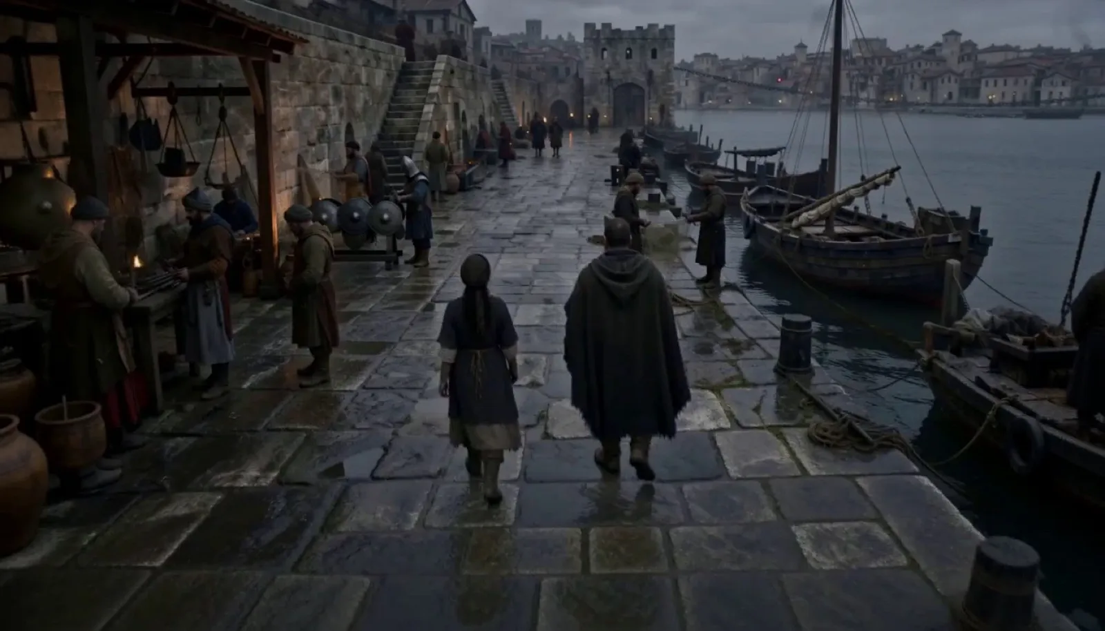 A frame from the first generated take of the harbor walk, used to carry its photographic finish into the second take.