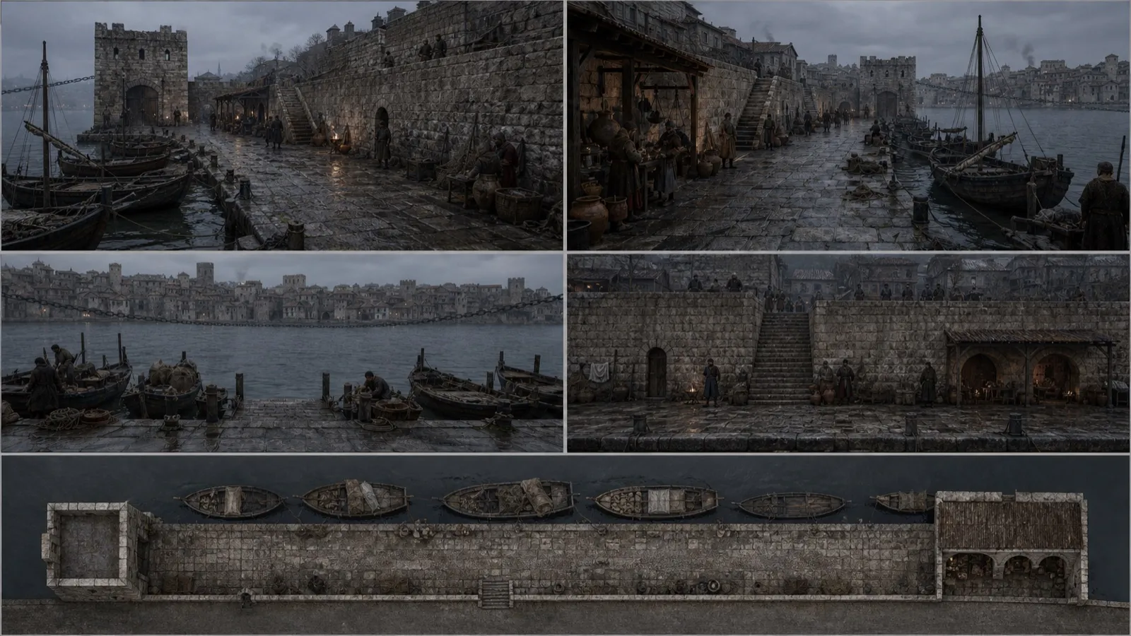 The Harbor Quarter location sheet: views and a plan of the quay, walls and moored boats.