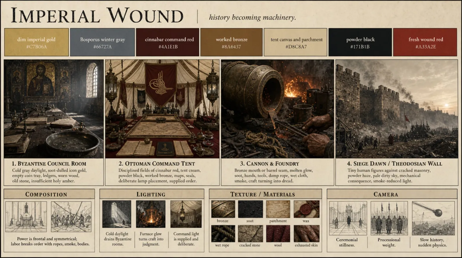The Imperial Wound production lookbook sheet: a cold gray palette, firelight and worn materials.
