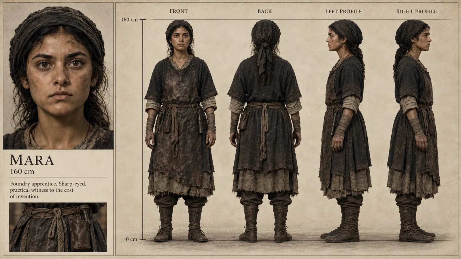 Mara’s character sheet: turnarounds of a young woman in worn foundry work clothes, with face and hand details.