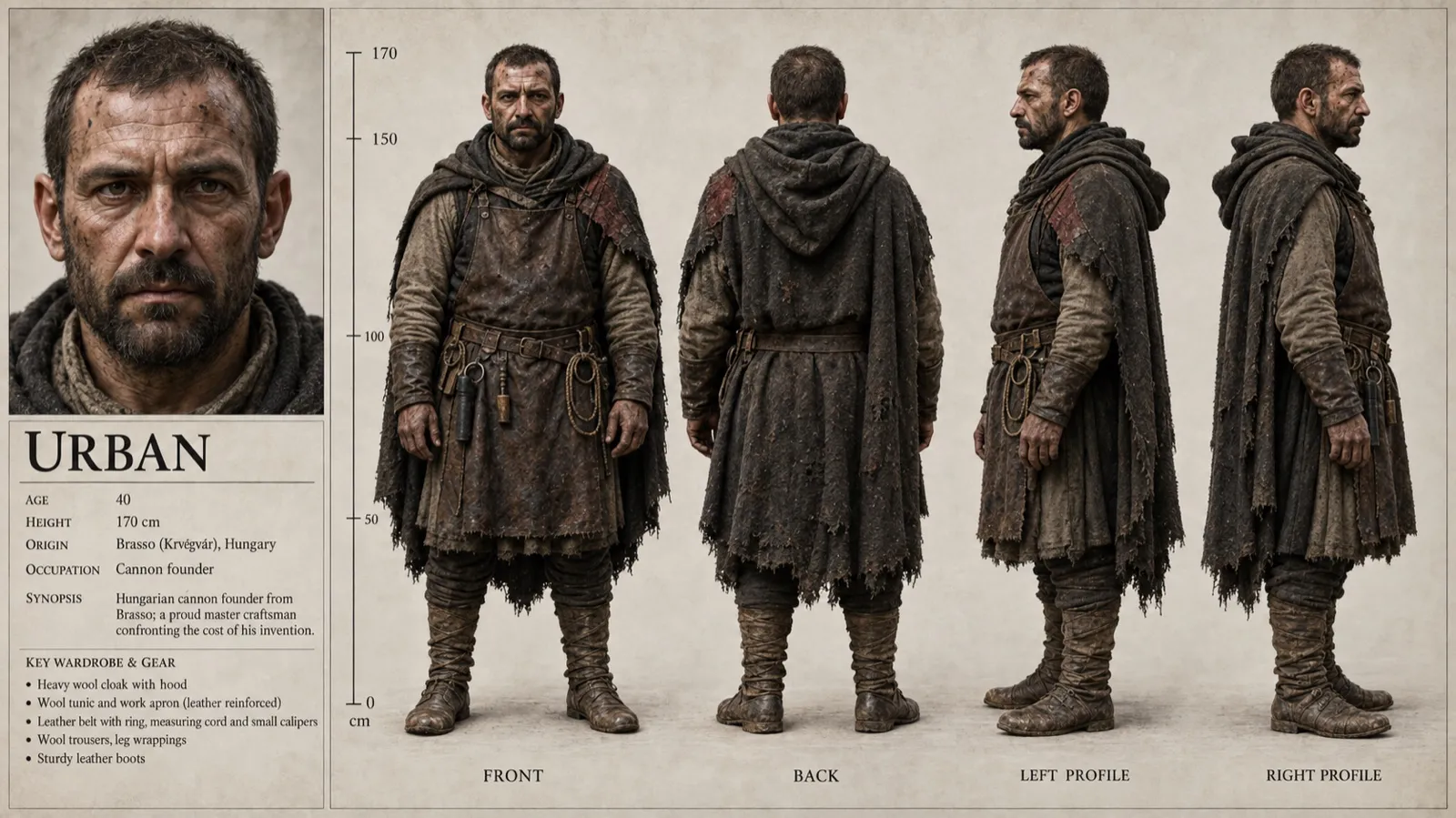 Urban’s character sheet: turnarounds and expressions of a bearded man in heavy wool and leather.