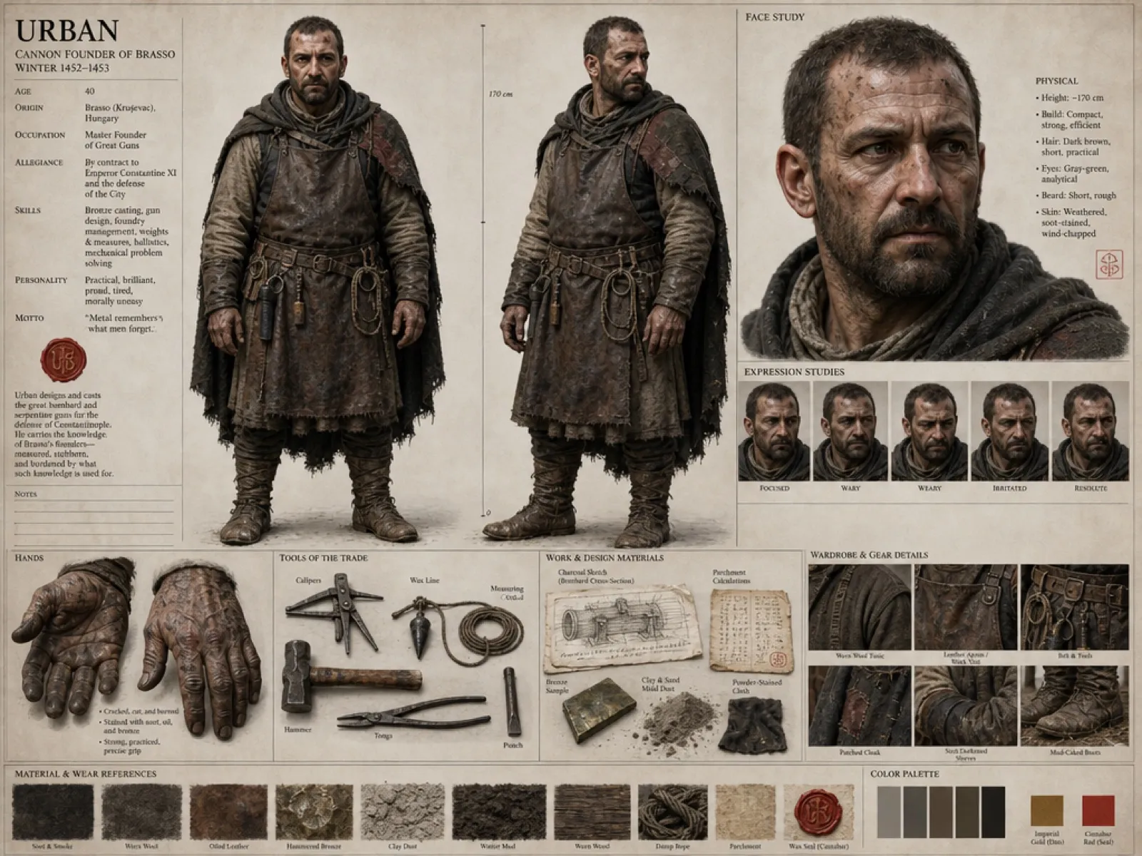 Urban’s character sheet: turnarounds and expressions of a bearded man in heavy wool and leather.