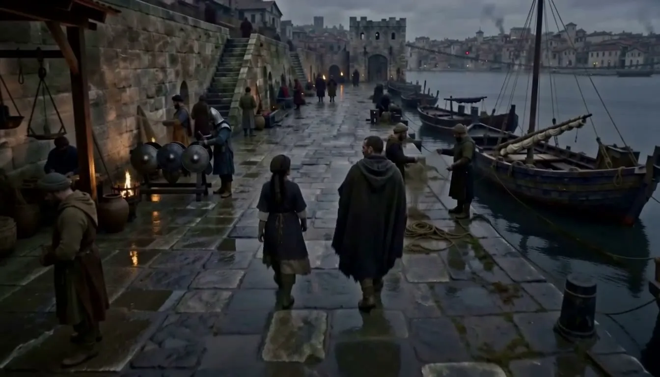 A frame from the generated take. Urban and Mara walk away from the camera along a wet stone quay, with moored boats on the right and repair workers by the harbor wall.