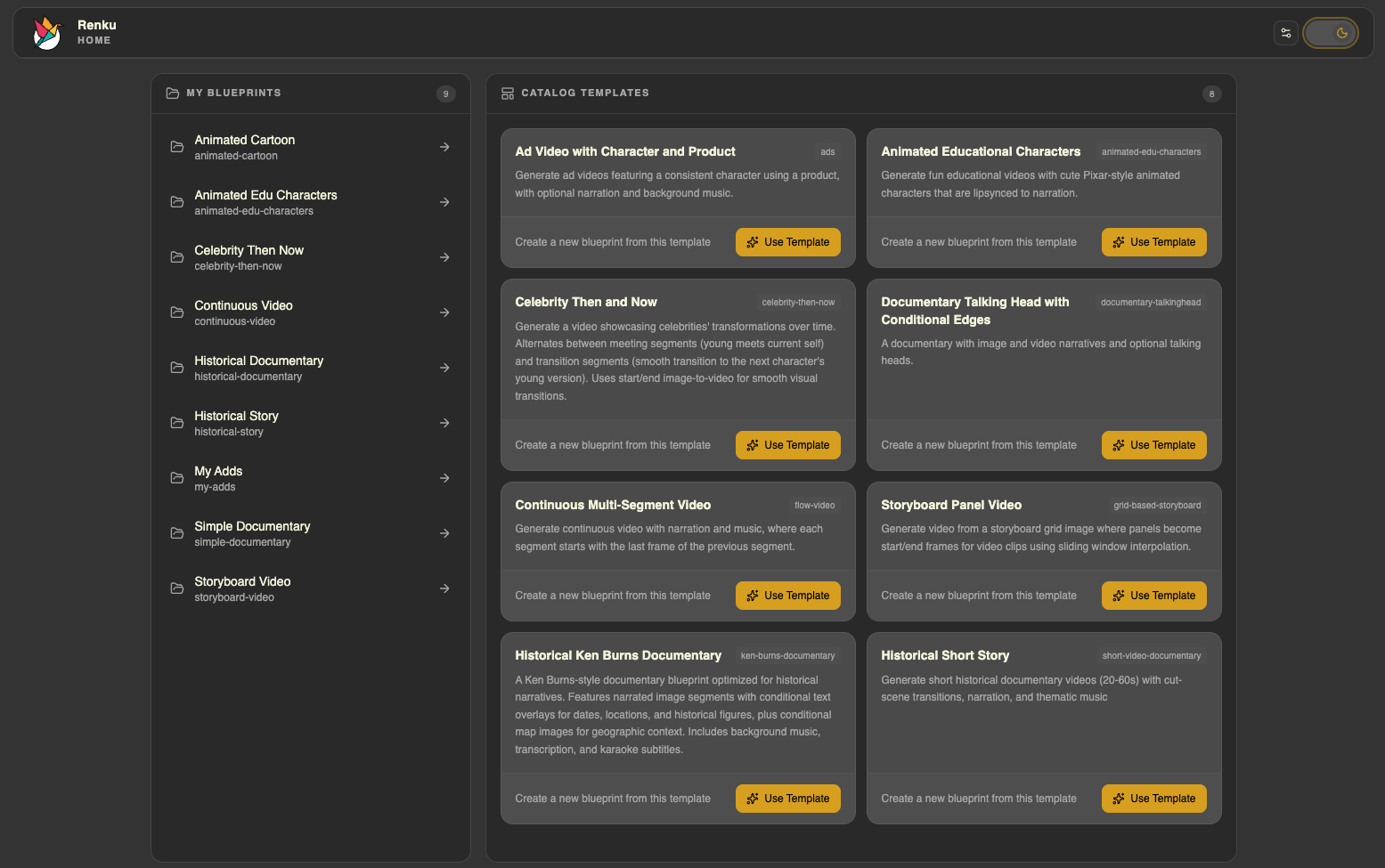 Renku home screen showing the blueprint library